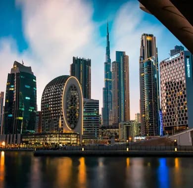 Night view of Business Bay district with illuminated buildings